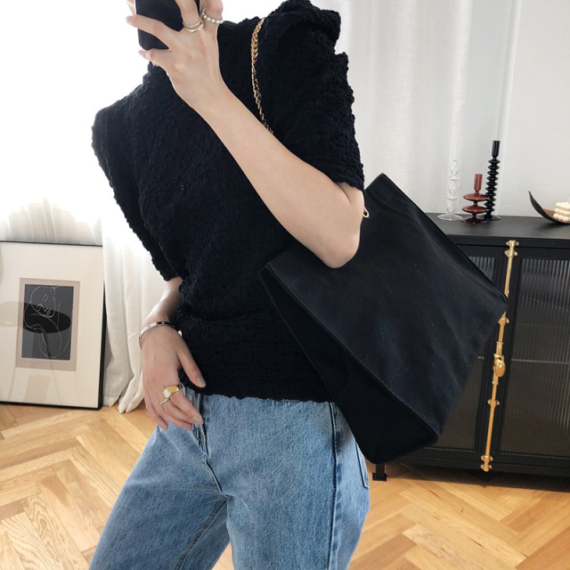 泡泡袖洋氣修身顯瘦壓皺肌理感短袖T恤女式設計感小眾上衣21040803