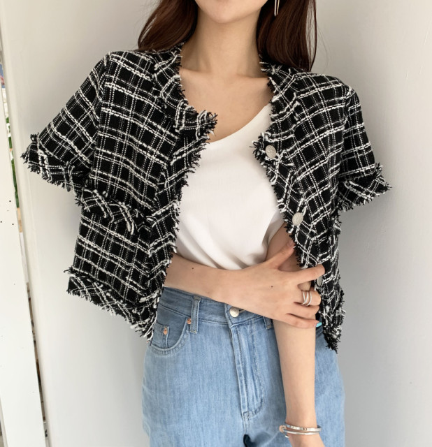 韓國chic百搭花呢格紋小香風短款開衫外套女夏季薄款洋氣短袖上衣21040801