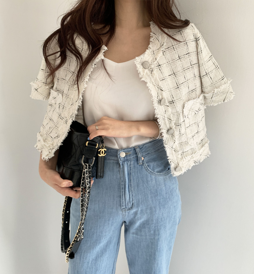 韓國chic百搭花呢格紋小香風短款開衫外套女夏季薄款洋氣短袖上衣21040801