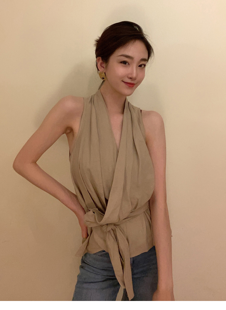 夏季新款歐美女裝時尚純色蝴蝶結飾雙襟無袖襯衫上衣21040903