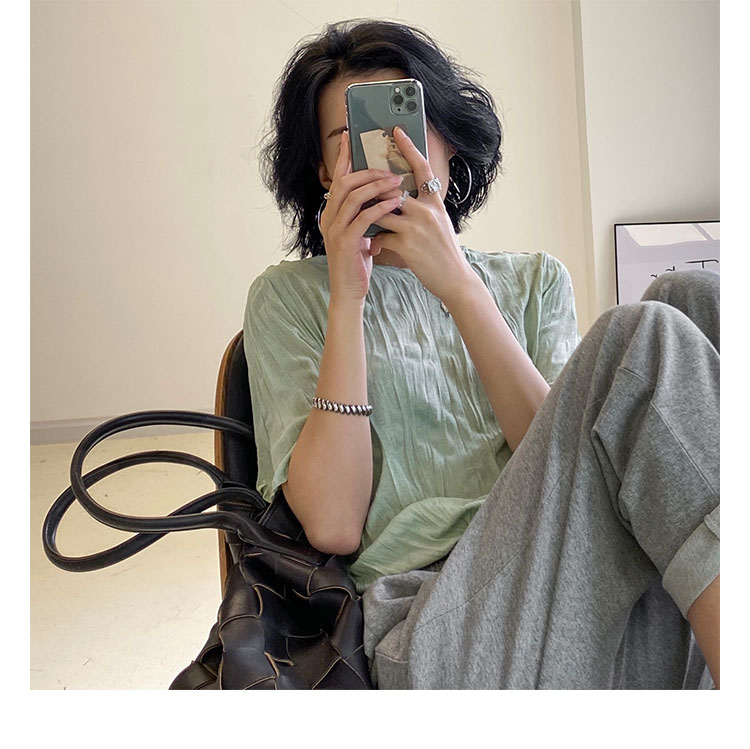 短袖t恤女新款韓版高腰修身純色寬松褶皺圓領短款上衣21041004