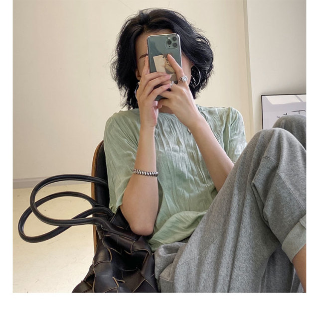 短袖t恤女新款韓版高腰修身純色寬松褶皺圓領短款上衣21041004