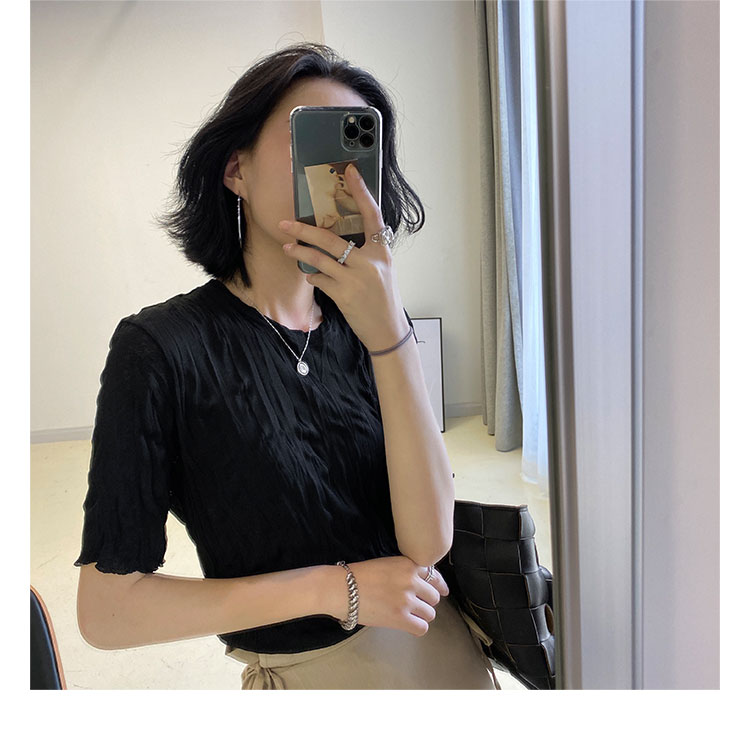 短袖t恤女新款韓版高腰修身純色寬松褶皺圓領短款上衣21041004