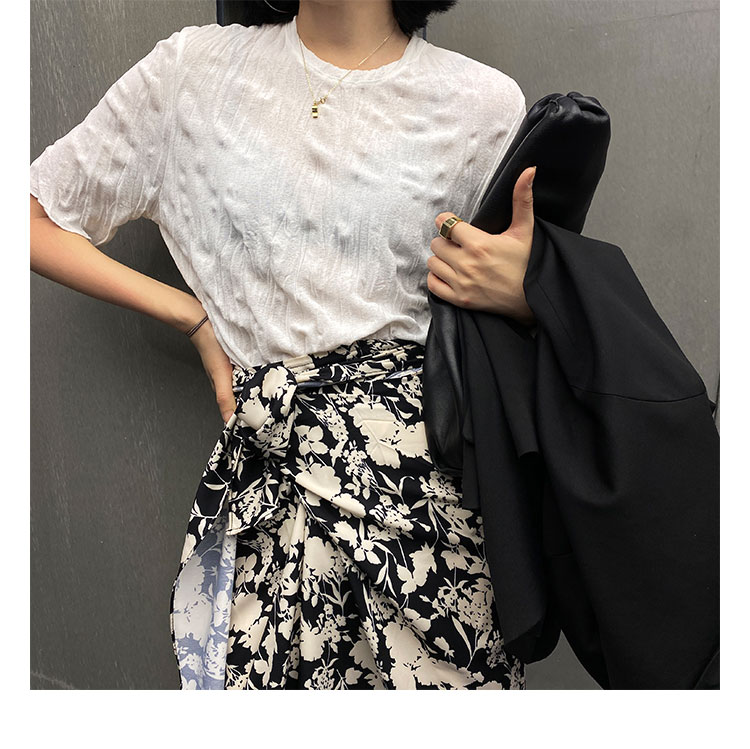 短袖t恤女新款韓版高腰修身純色寬松褶皺圓領短款上衣21041004