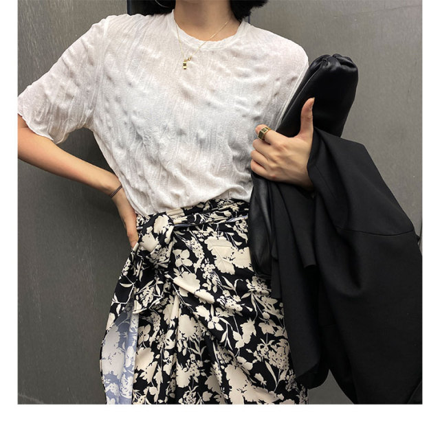 短袖t恤女新款韓版高腰修身純色寬松褶皺圓領短款上衣21041004