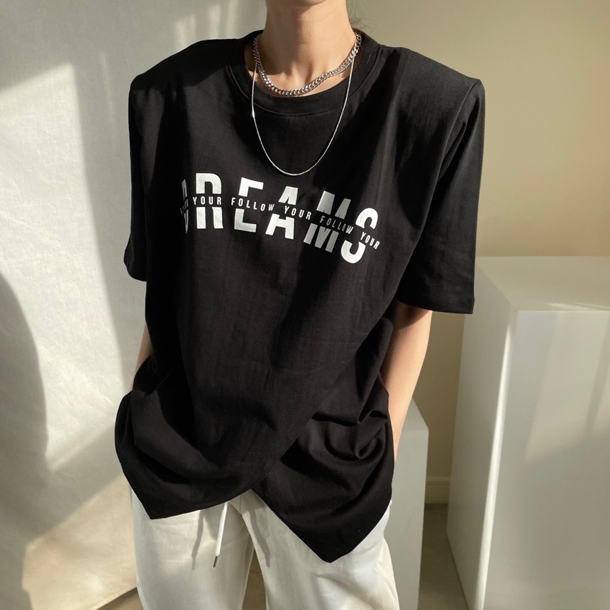 韓國chic百搭小眾圓領寬松套頭字母印花不規則開叉設計短袖T恤女21042001