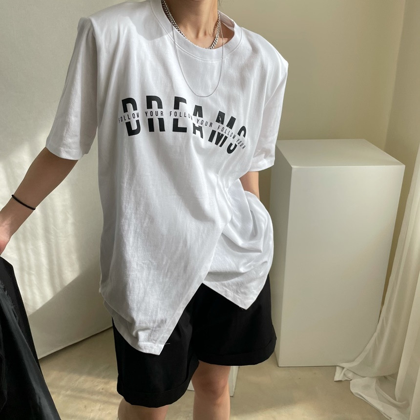 韓國chic百搭小眾圓領寬松套頭字母印花不規則開叉設計短袖T恤女21042001