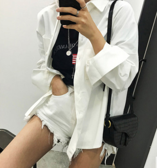 紫離花韓國東大門女裝2021秋冬新款休閒藍色韓範雙口袋寬松襯衫女21042810