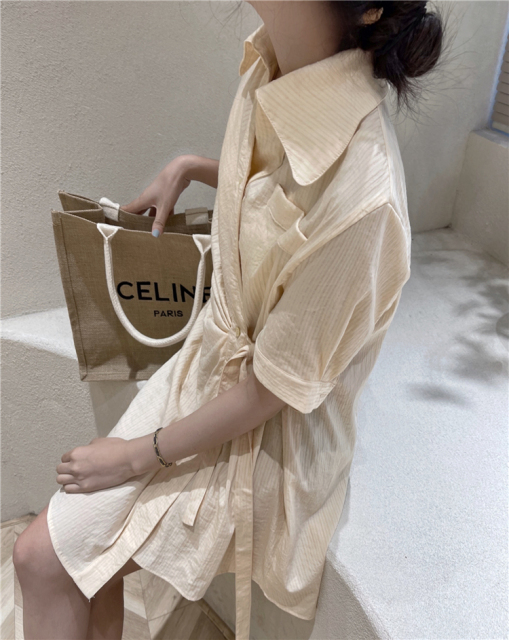 条纹连衣裙女夏季新款收腰显瘦绑带褶皱休闲衬衫裙子21051906
