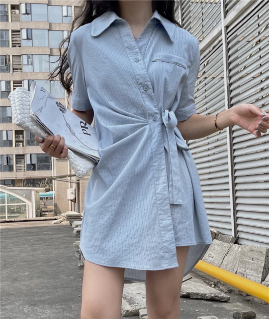条纹连衣裙女夏季新款收腰显瘦绑带褶皱休闲衬衫裙子21051906