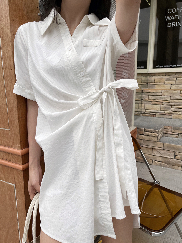 条纹连衣裙女夏季新款收腰显瘦绑带褶皱休闲衬衫裙子21051906