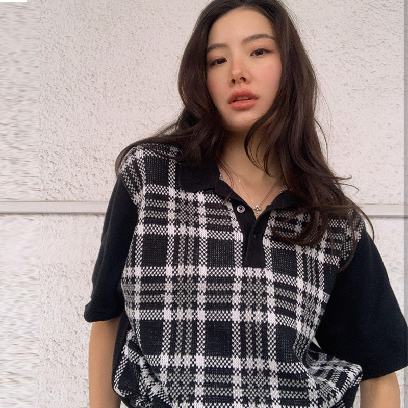 美式復古黑色格子半開領針織衫女潮ins寬松半袖禧壹21060102