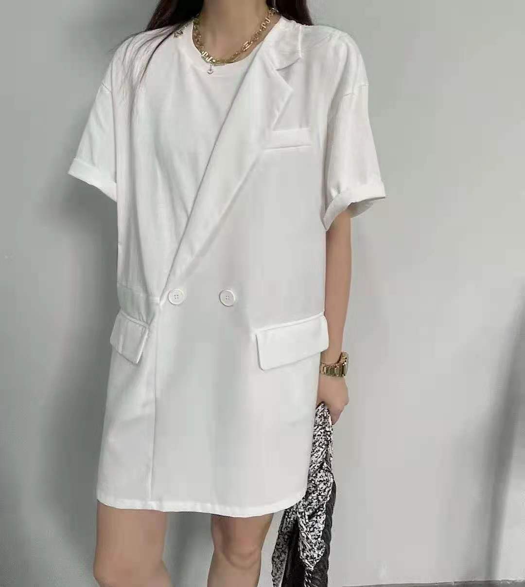 小眾設計西裝拼接T恤裙女2021夏新款韓版寬松懶人裙中長款21060201