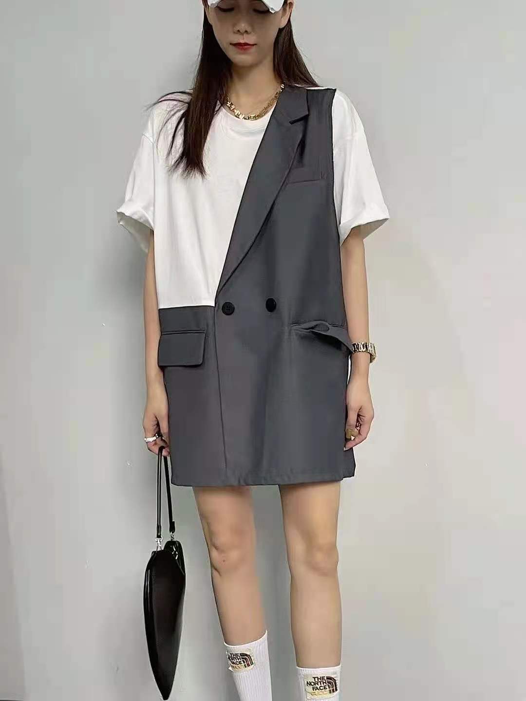 小眾設計西裝拼接T恤裙女2021夏新款韓版寬松懶人裙中長款21060201