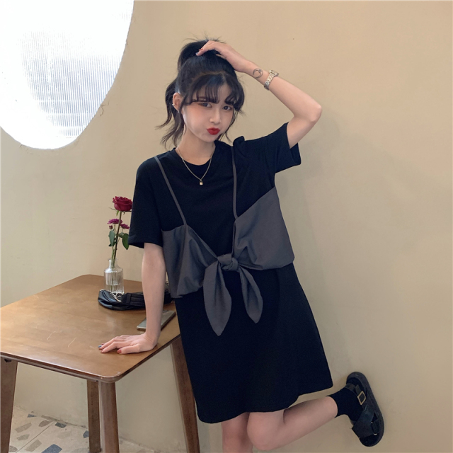 洋氣蝴蝶結假兩件連衣裙女夏季新款韓版顯瘦中長款寬松短袖T恤裙21060405