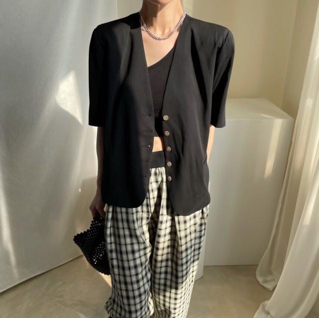 韓國chic夏季簡約復古V領口袋單排扣寬松休閒純色短袖襯衫上衣女21061102