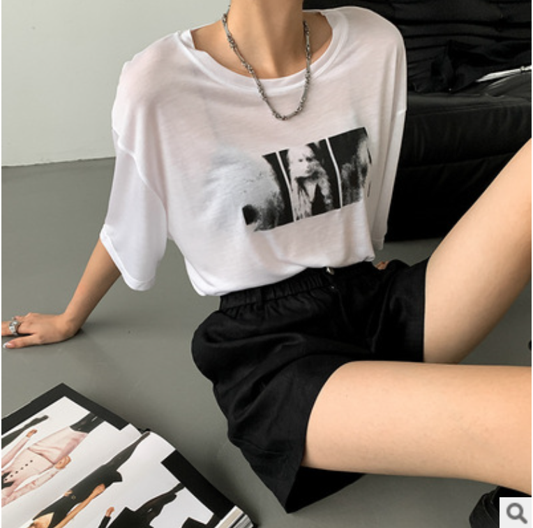 女裝新款拼圖印花寬松t恤設計感歐美高街短袖潮21061504