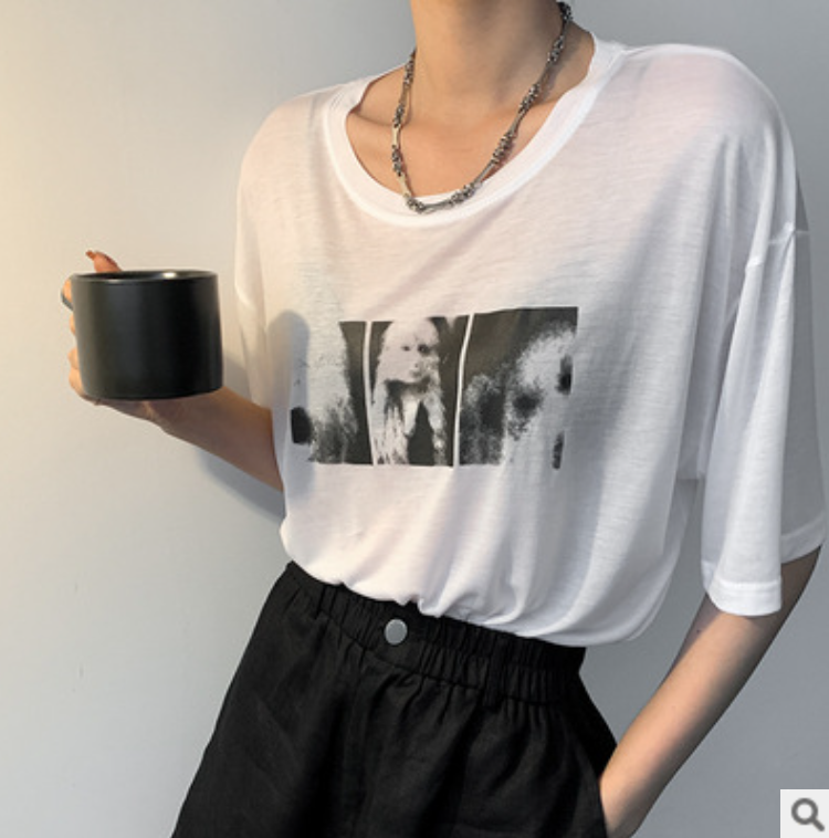 女裝新款拼圖印花寬松t恤設計感歐美高街短袖潮21061504