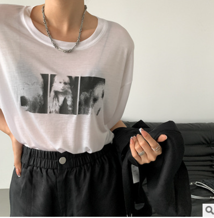 女裝新款拼圖印花寬松t恤設計感歐美高街短袖潮21061504