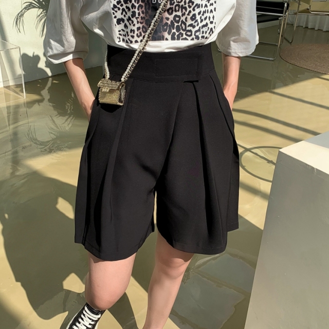 夏季新款高腰魔術貼五分短褲寬松闊腿褲ins薄款西裝熱褲女21062005