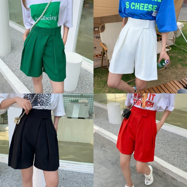 夏季新款高腰魔術貼五分短褲寬松闊腿褲ins薄款西裝熱褲女21062005