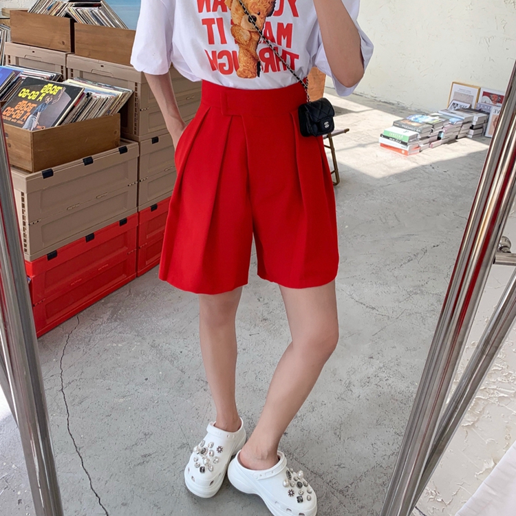 夏季新款高腰魔術貼五分短褲寬松闊腿褲ins薄款西裝熱褲女21062005