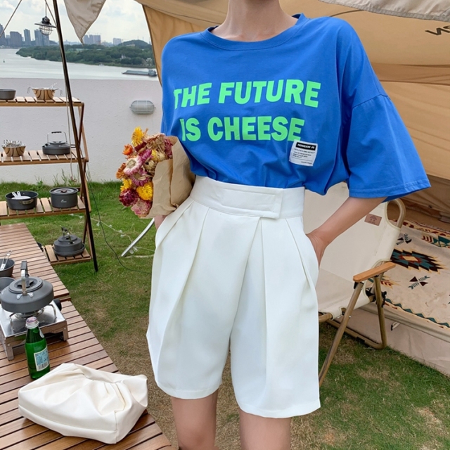 夏季新款高腰魔術貼五分短褲寬松闊腿褲ins薄款西裝熱褲女21062005