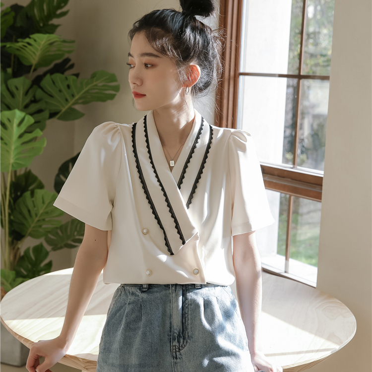 短袖V領別緻襯衫女夏季雪紡寸衣設計感小眾薄款收腰洋氣百搭上衣21070602