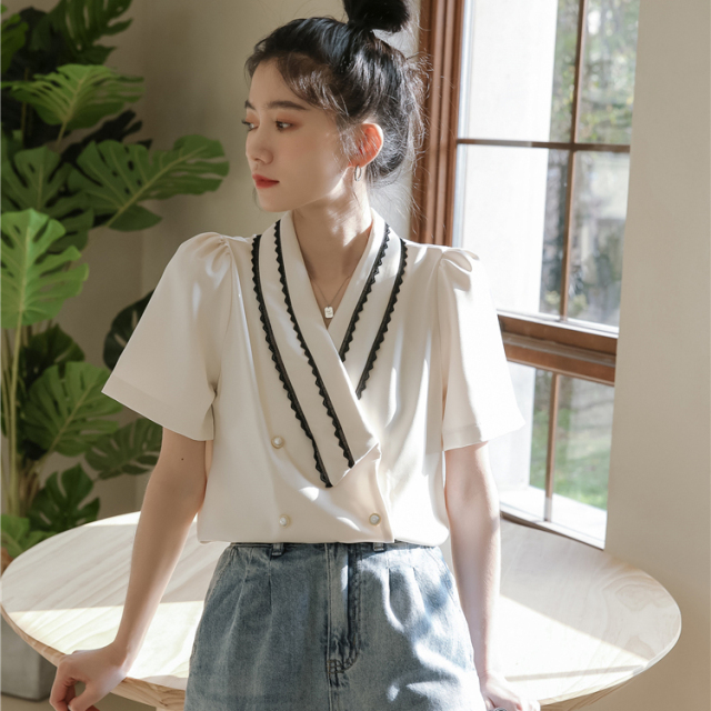 短袖V領別緻襯衫女夏季雪紡寸衣設計感小眾薄款收腰洋氣百搭上衣21070602