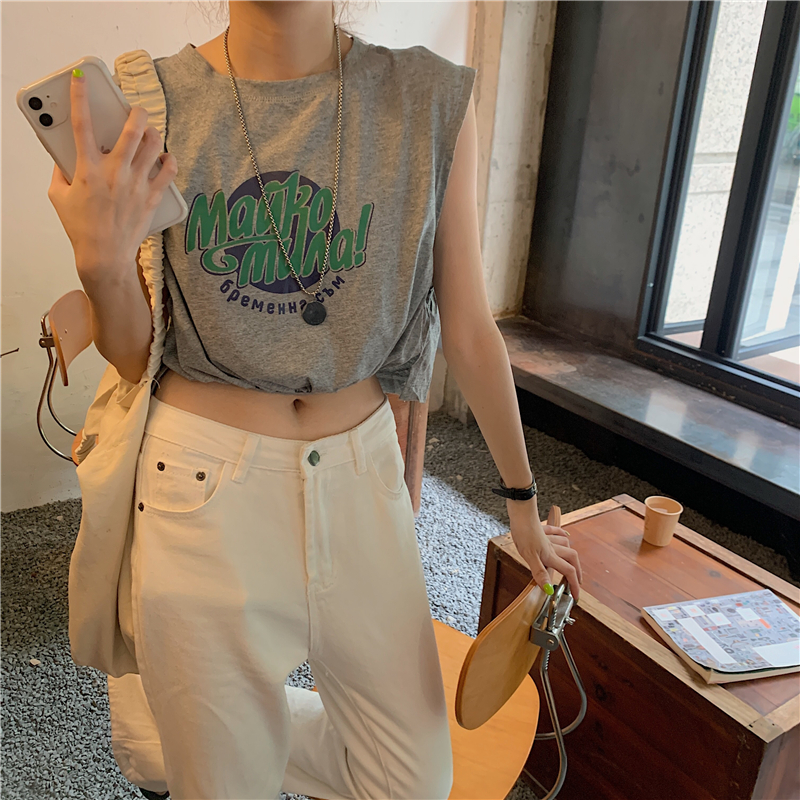設計感露背印花無袖假兩件T恤女新款夏季辣妹休閒短款上衣21071304