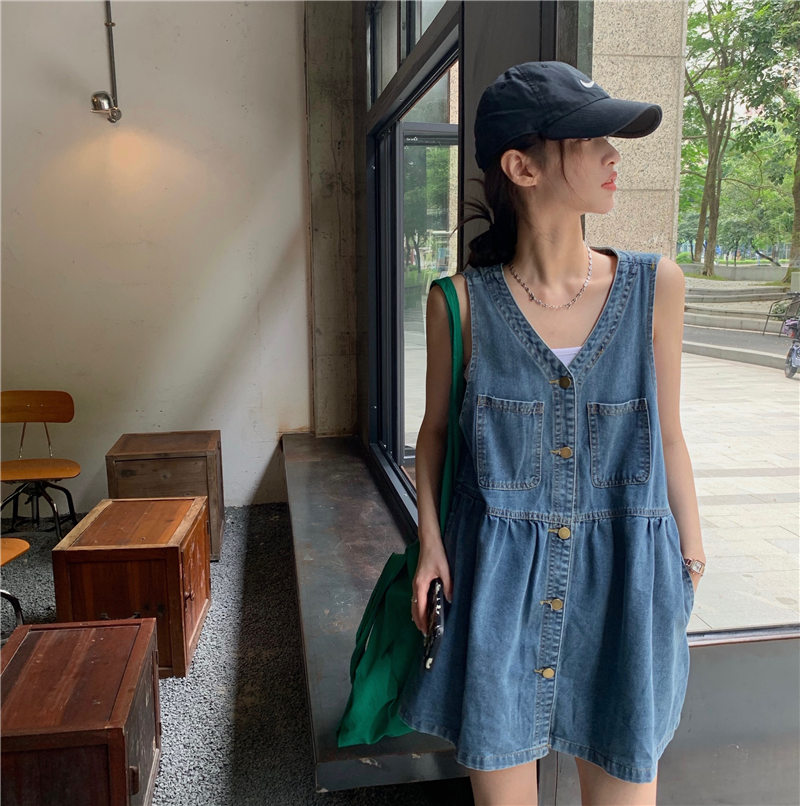 牛仔連衣裙女寬松v領背心裙夏季港風復古短裙高腰網紅炸街裙子潮21072703