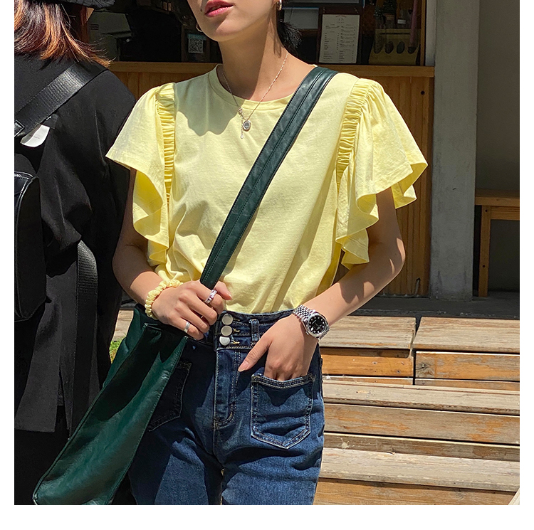 蝴蝶袖t恤女夏季新款洋氣設計感小眾純色打底圓領上衣全棉短袖T21072706