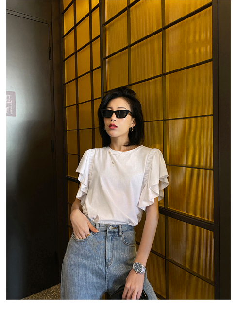 蝴蝶袖t恤女夏季新款洋氣設計感小眾純色打底圓領上衣全棉短袖T21072706