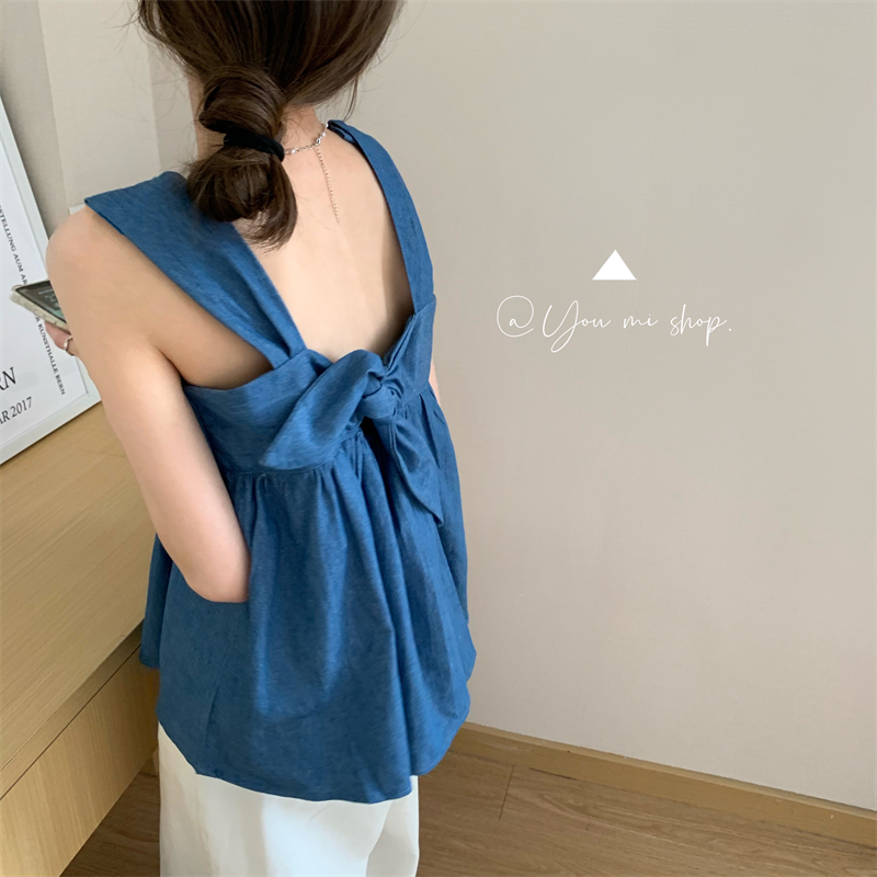 牛仔吊帶女夏季內搭甜美蝴蝶結綁帶外穿小衫寬松露背藍色背心上衣21072904