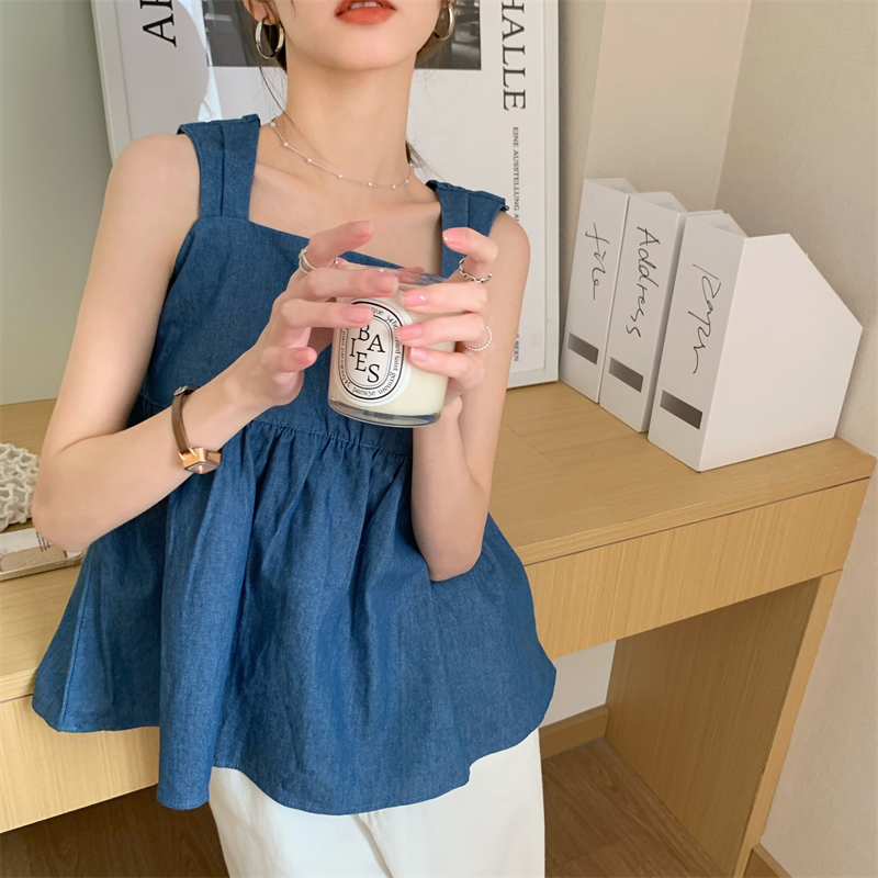 牛仔吊帶女夏季內搭甜美蝴蝶結綁帶外穿小衫寬松露背藍色背心上衣21072904