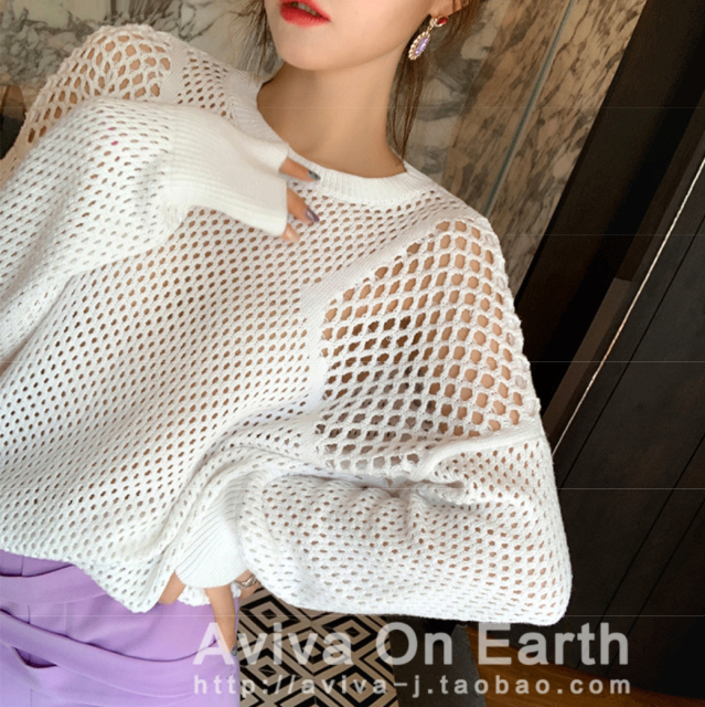 早秋新款長袖上衣白色鏤空鈎花針織衫女薄款寬松外穿套頭毛衣春季21082301
