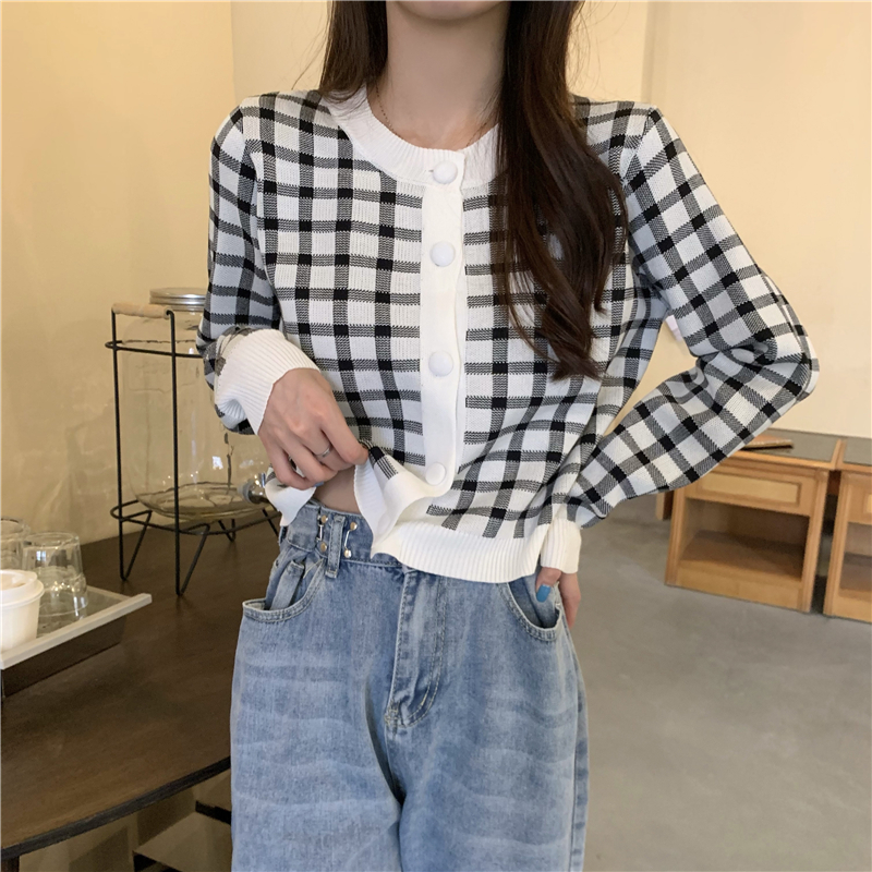 新款韓版格子針織開衫女寬松短款慵懶風長袖開衫上衣潮21090519
