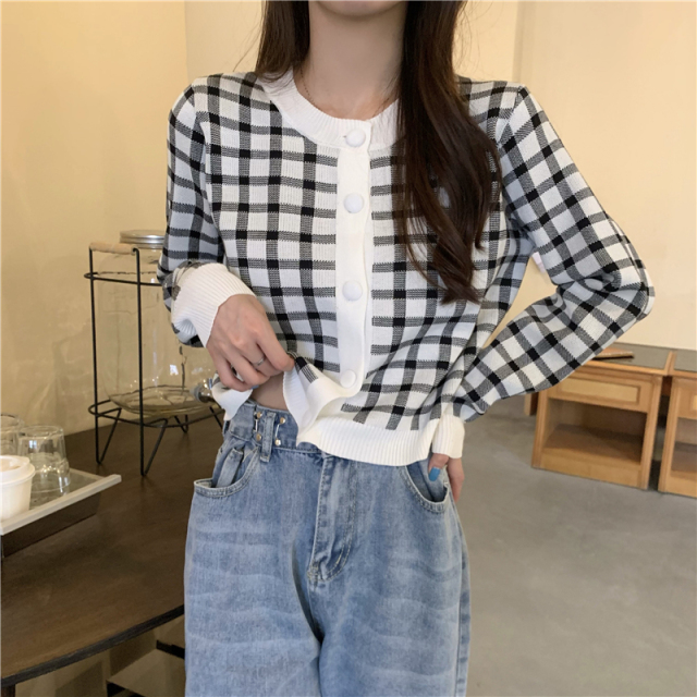 新款韓版格子針織開衫女寬松短款慵懶風長袖開衫上衣潮21090519