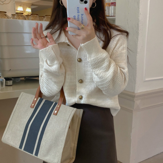 秋季新款復古翻領長袖針織開衫早秋寬松慵懶毛衣上衣女外套21090507