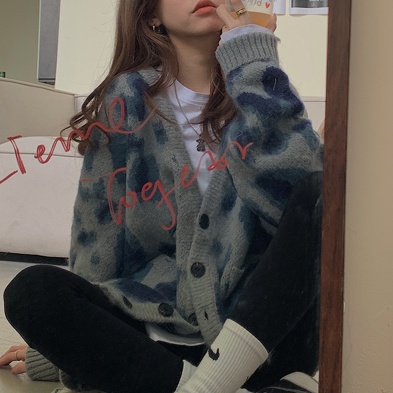 毛衣外套女ins超火扎染加厚外套新款寬松bf慵懶風V領開衫上衣21101905