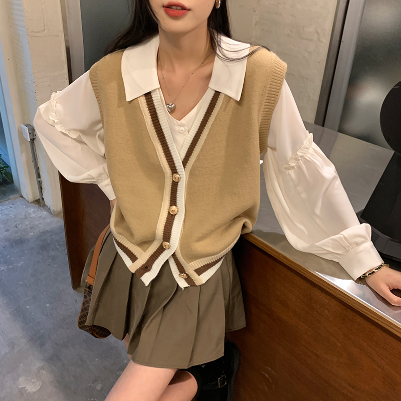 早秋時尚套裝新款襯衫針織馬甲女網紅學院風氣質復古兩件套上衣21102703