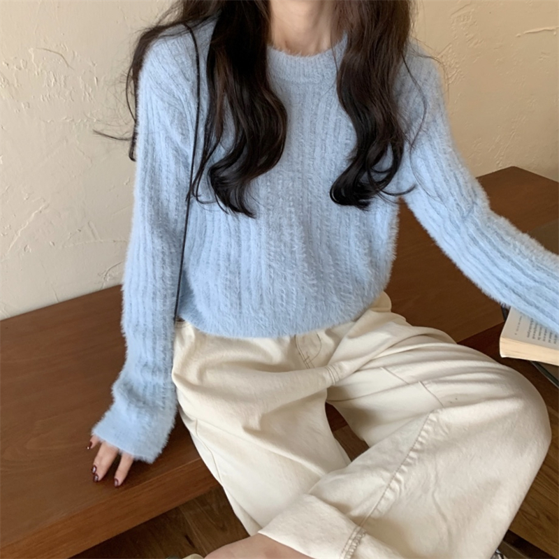 秋冬韓版毛絨坑條圓領百搭寬松保暖針織毛衣女21110209