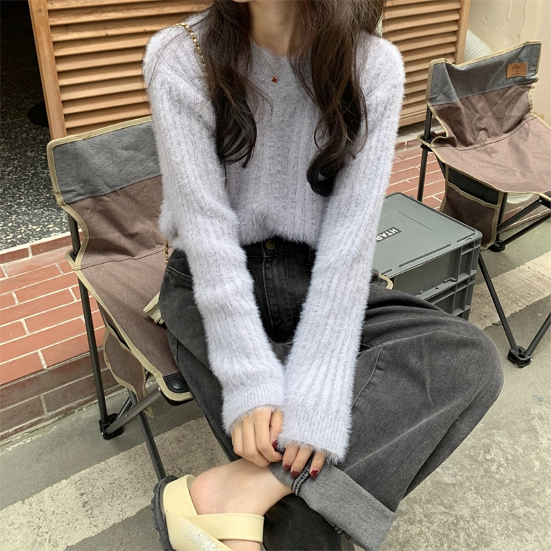 秋冬韓版毛絨坑條圓領百搭寬松保暖針織毛衣女21110209