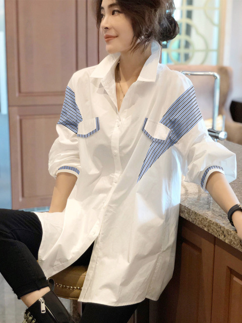 新款襯衫設計感小眾上衣白色長袖寬鬆韓版襯衣女撞色潮流21112303