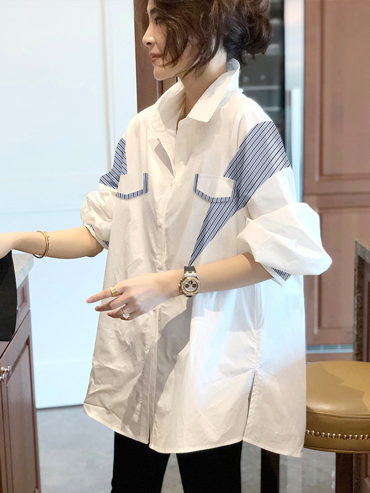 新款襯衫設計感小眾上衣白色長袖寬鬆韓版襯衣女撞色潮流21112303