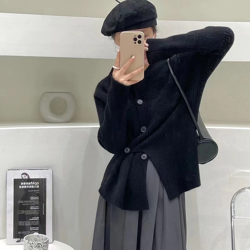 秋冬韓系設計感不規則斜扣開衫圓領女裝上衣潮21112305
