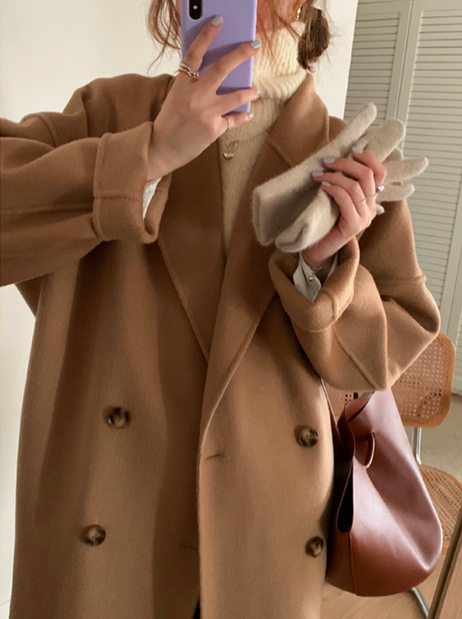 Tstz阿四拔高衣品復古駝色毛呢外套女秋冬中長款小個子大衣ins21120605