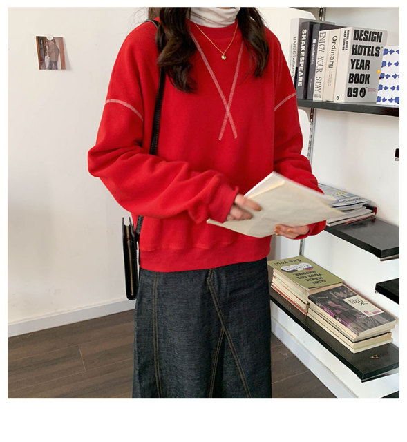 秋冬季新款紅色加絨加厚外穿套頭衛衣女裝設計感搖粒絨保暖上衣潮21121601
