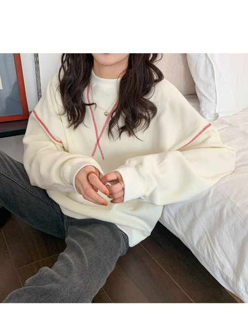 秋冬季新款紅色加絨加厚外穿套頭衛衣女裝設計感搖粒絨保暖上衣潮21121601