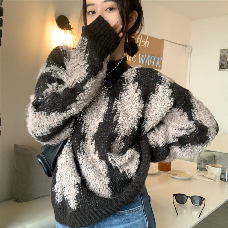 復古格紋撞色寬松套頭毛衣女新款秋冬慵懶風長袖上衣ins潮21122007